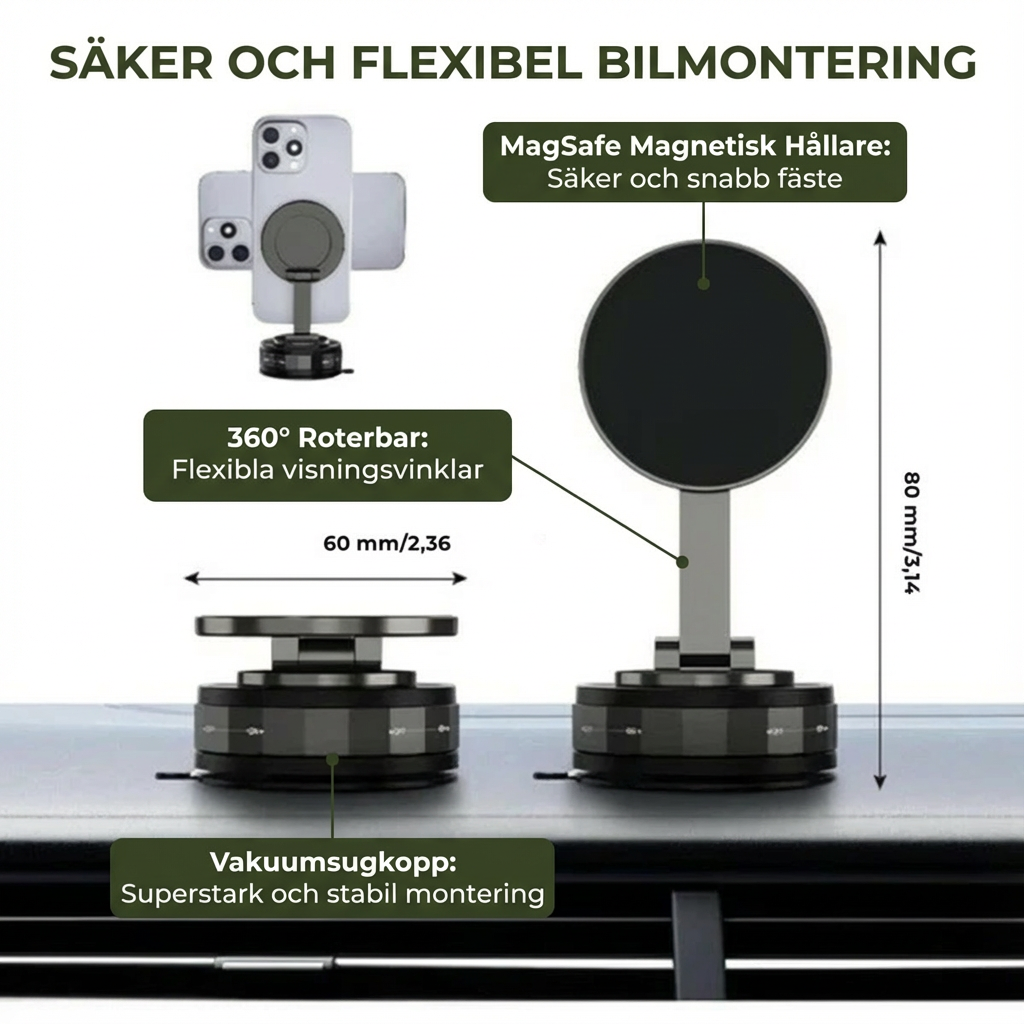 Magnetisk Sugkopp – Utdragbar 360° Telefonhållare med Vakuumlås