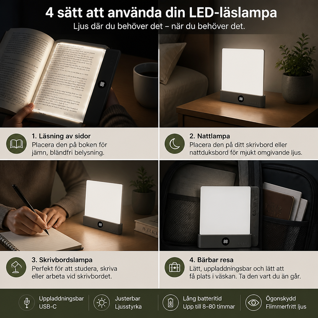 Uppladdningsbar LED-Läslampa – Portabel Bok- och Nattlampa för Avkopplande och Stressfria Stunder