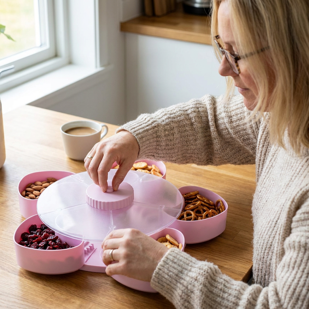 Roterande Snackbricka med Fack – Snurrande Serveringsfat för Snacks och Godis