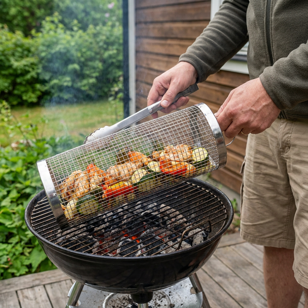 Praktisk Grillkorg i Rostfritt Stål – Rotationsbar BBQ-Grillkorg för Utomhusgrillning