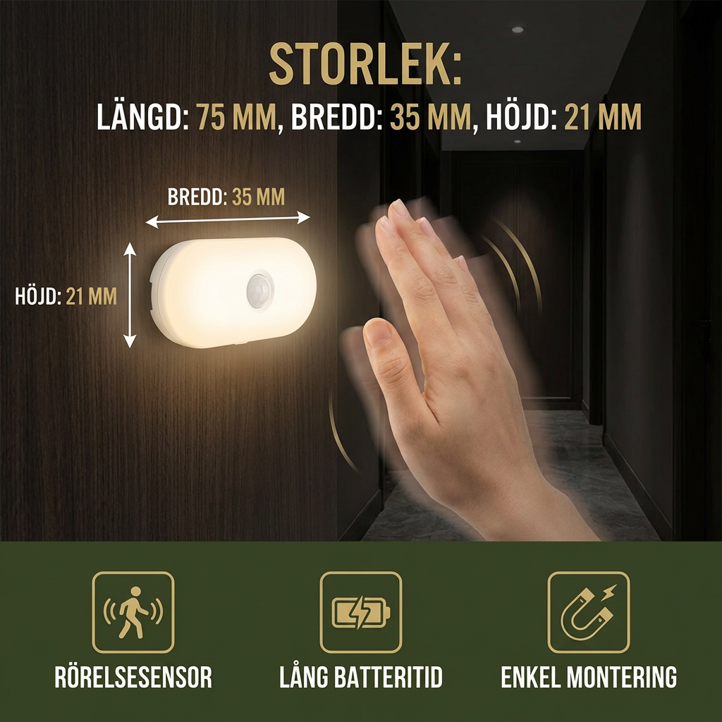 Smart LED-nattlampa med rörelsesensor – Mini, Trådlös och Energisparande
