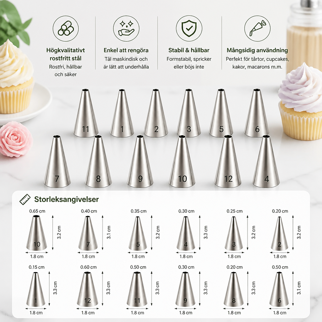 12-delars spritstyllset – Precision för dekoration av tårtor, cupcakes och macarons