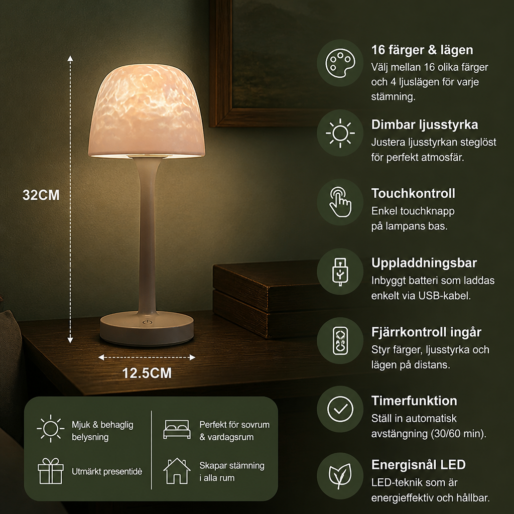 LED-projektionslampa med norrsken och havsvågor med touchstyrning