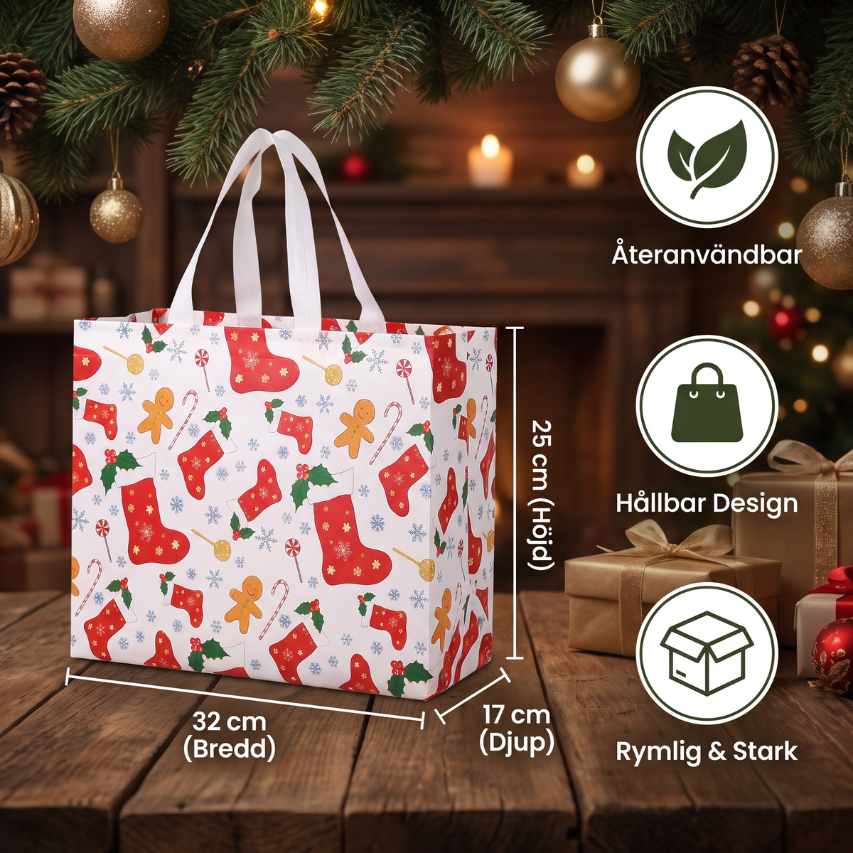 Återanvändbara julklappspåsar med handtag – olika festliga motiv