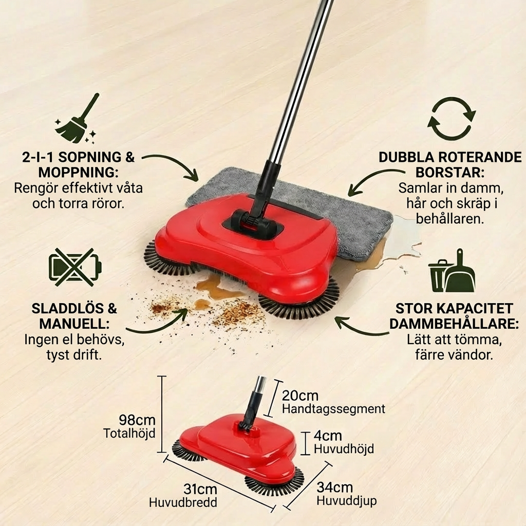 2-i-1 Dammsugare och Sopborste utan Ström