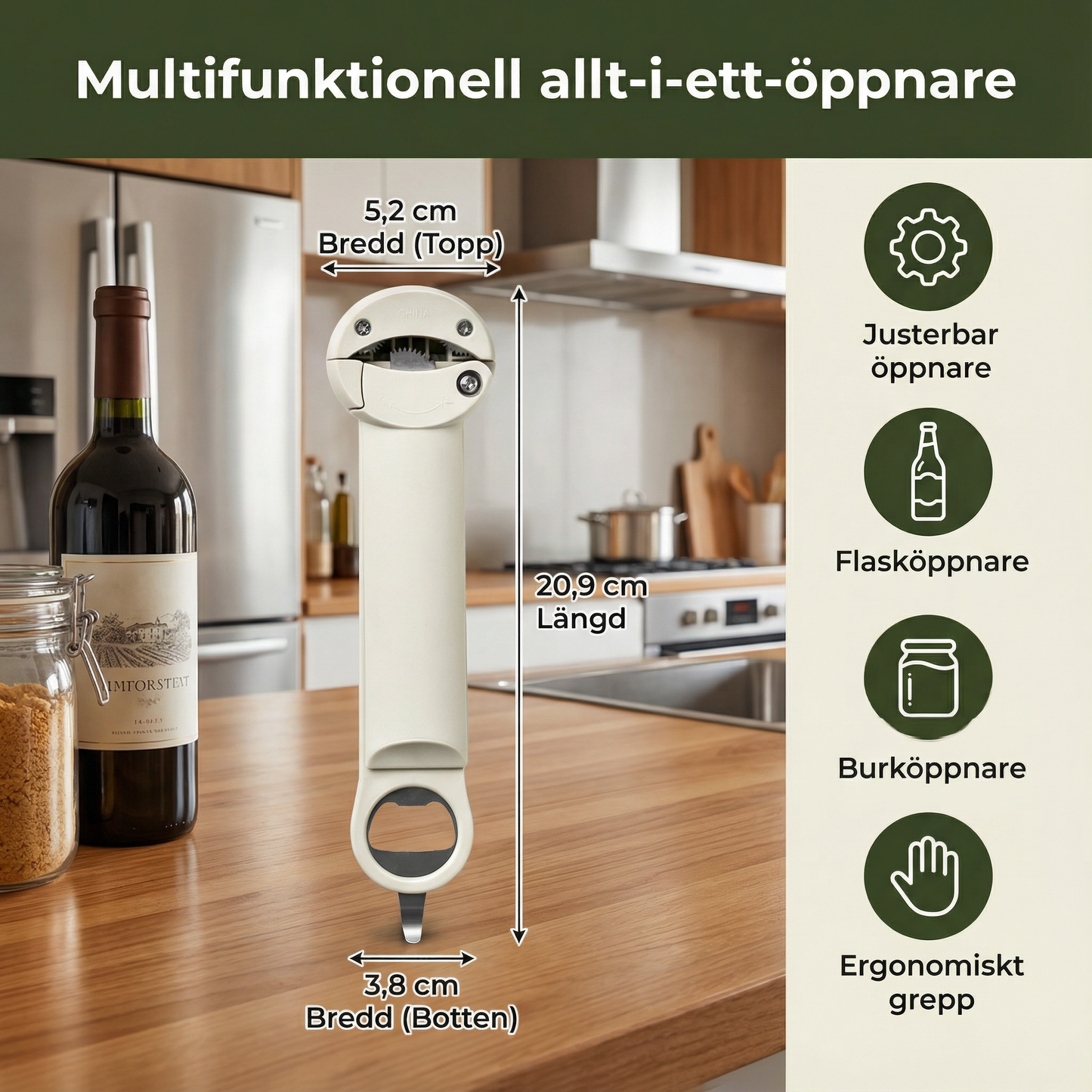 Multifunktionell allt-i-ett-öppnare i rostfritt stål