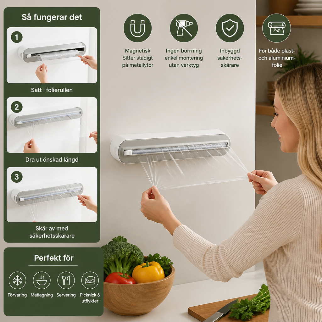 Magnetisk Väggmonterad Dispenser För Aluminiumfolie Och Plastfolie Med Säkerhetsskärare