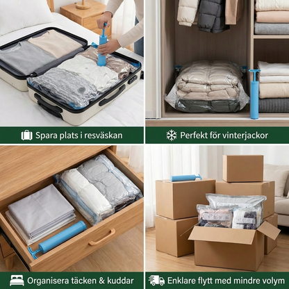 Reseset med vakuumförvaringspåsar med uppladdningsbar luftpump