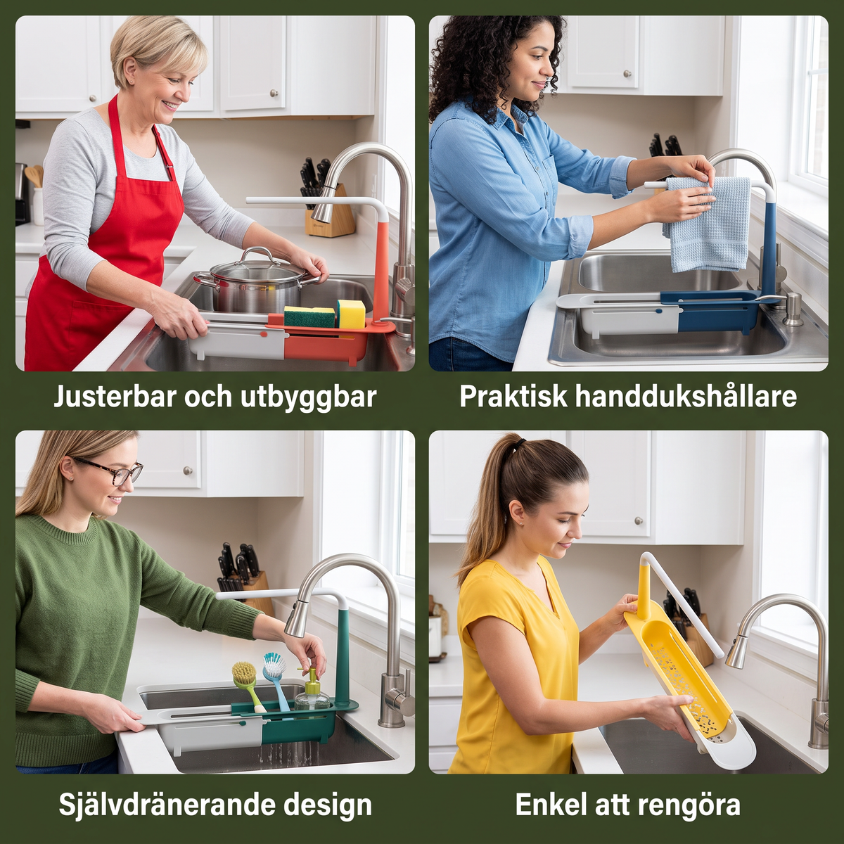 Justerbar teleskopisk diskbänksorganisator med avrinning och handdukshållare
