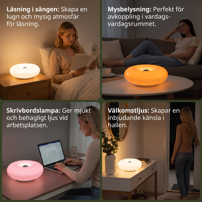 Retro-LED-lampa i donutform med mysigt stämningsljus