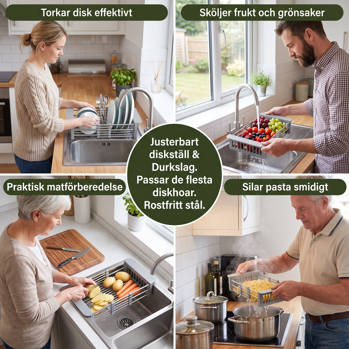 Justerbart diskställ över diskhon & durkslag för frukt och grönsaker