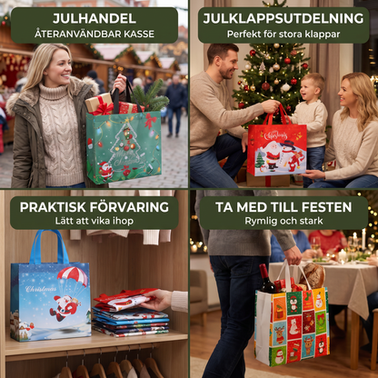 Återanvändbara julklappspåsar med handtag – olika festliga motiv