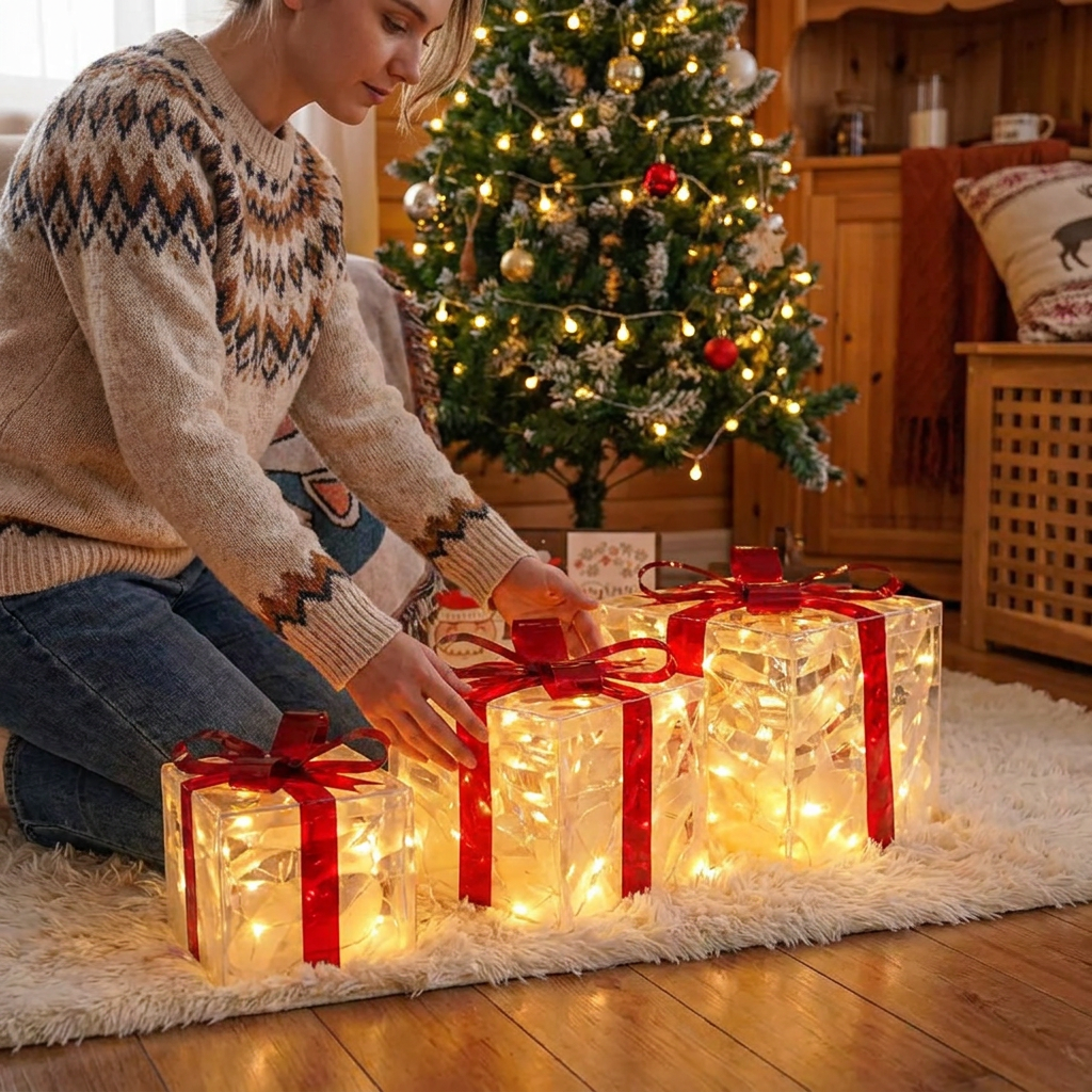 Set med 3 LED-upplysta julklappslådor för dekoration