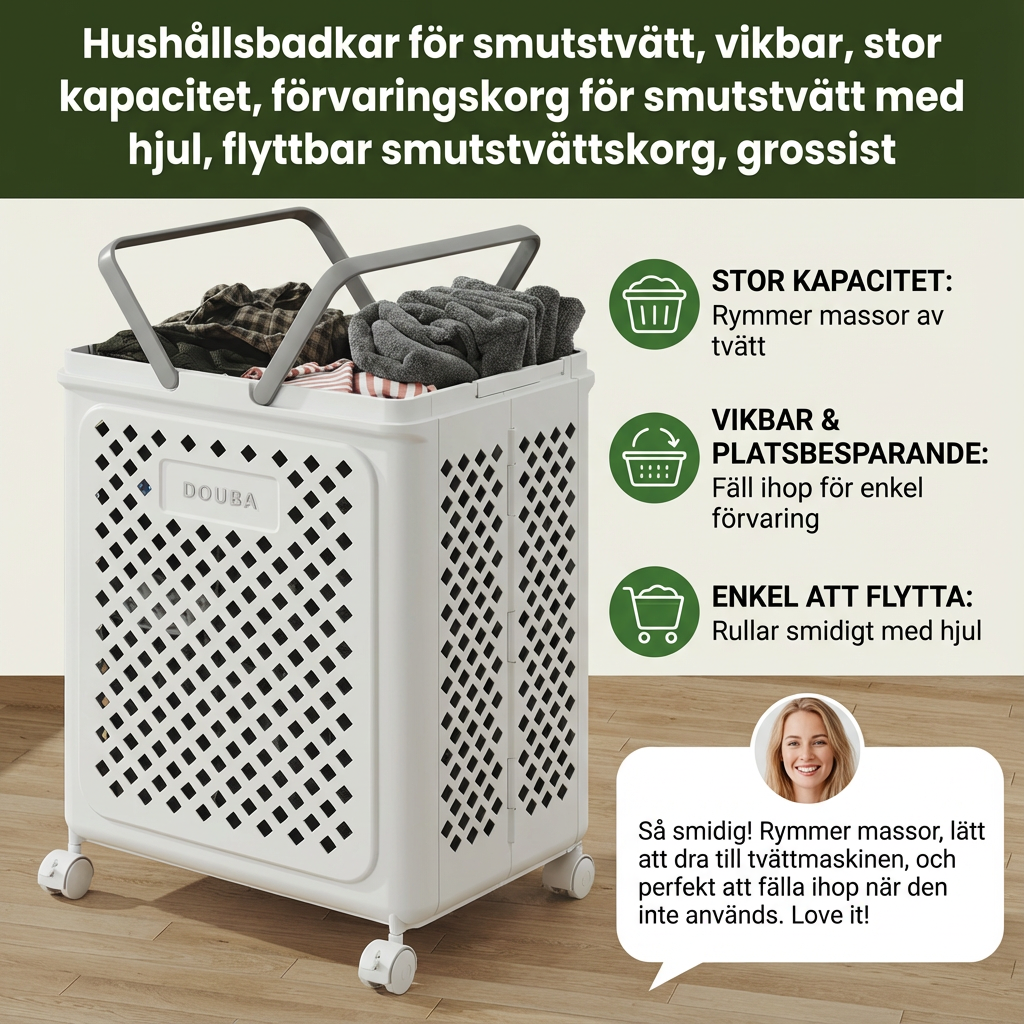 Hopfällbar Tvättkorg med Hjul