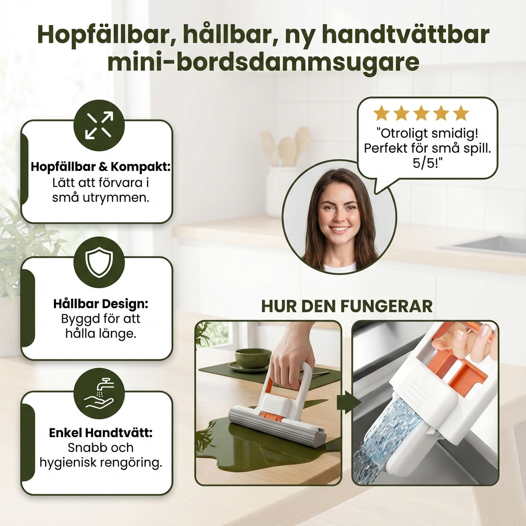 Handfri Mini-Svampmopp – Sugsnabb Allrengöringsmopp för Kök, Badrum & Bil
