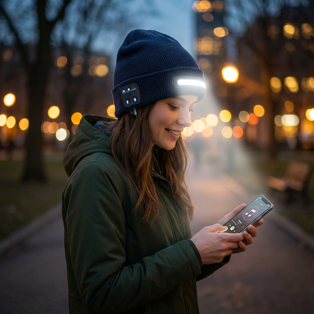 Varm Mössa Med Inbyggda Bluetooth-Hörlurar Och LED-Ljuslist