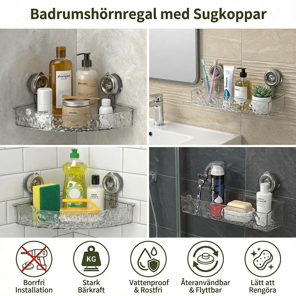 Badrumshörnregal med Sugkoppar