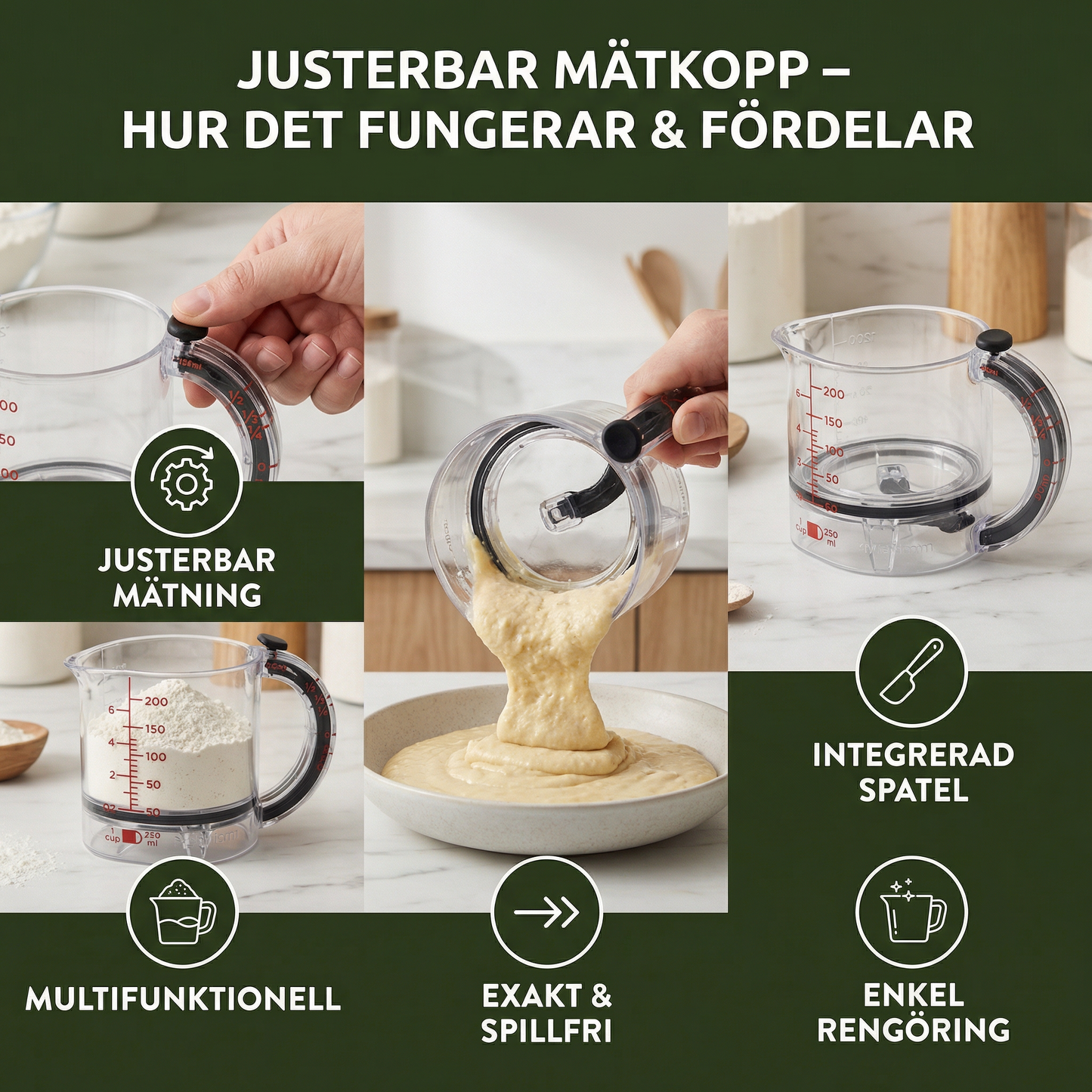 Justerbar Mätkopp – Multifunktionellt Köksverktyg med Spatel och Tätningsbotten