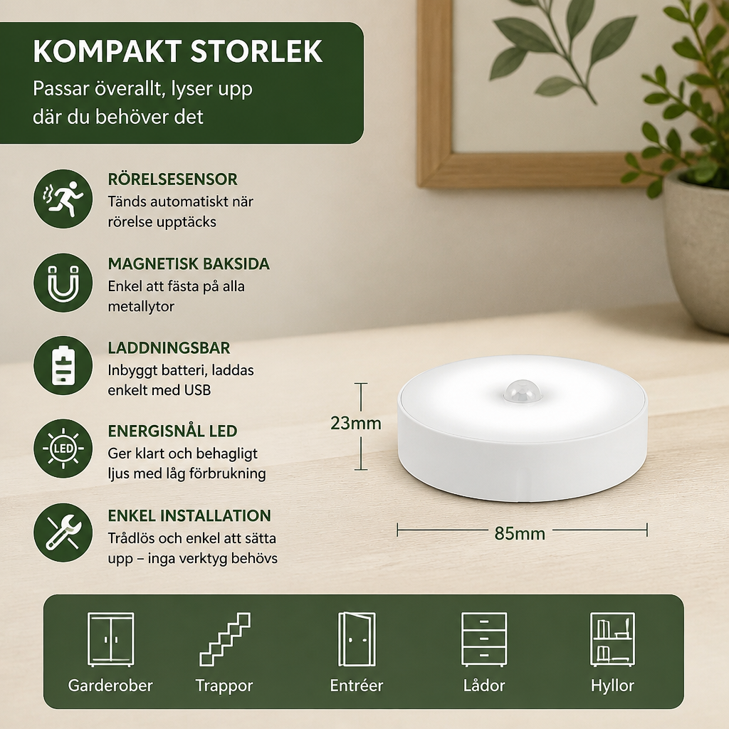 Wiederaufladdningsbart LED Sensorljus (4-Pack) – Magnetiskt och Automatiskt för Mångsidig Användning