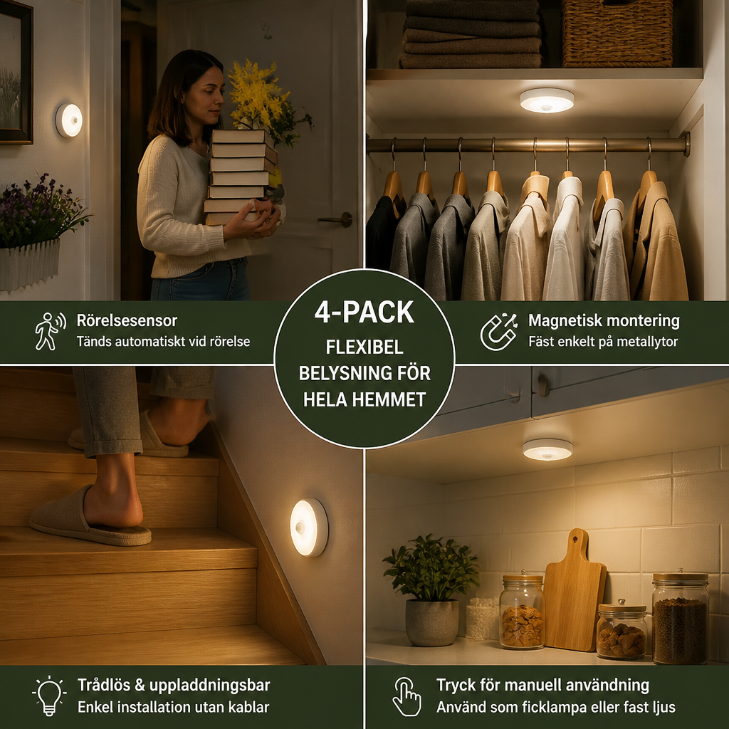 Wiederaufladdningsbart LED Sensorljus (4-Pack) – Magnetiskt och Automatiskt för Mångsidig Användning