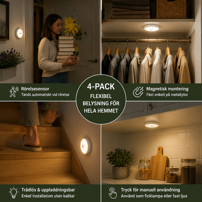 Wiederaufladdningsbart LED Sensorljus (4-Pack) – Magnetiskt och Automatiskt för Mångsidig Användning