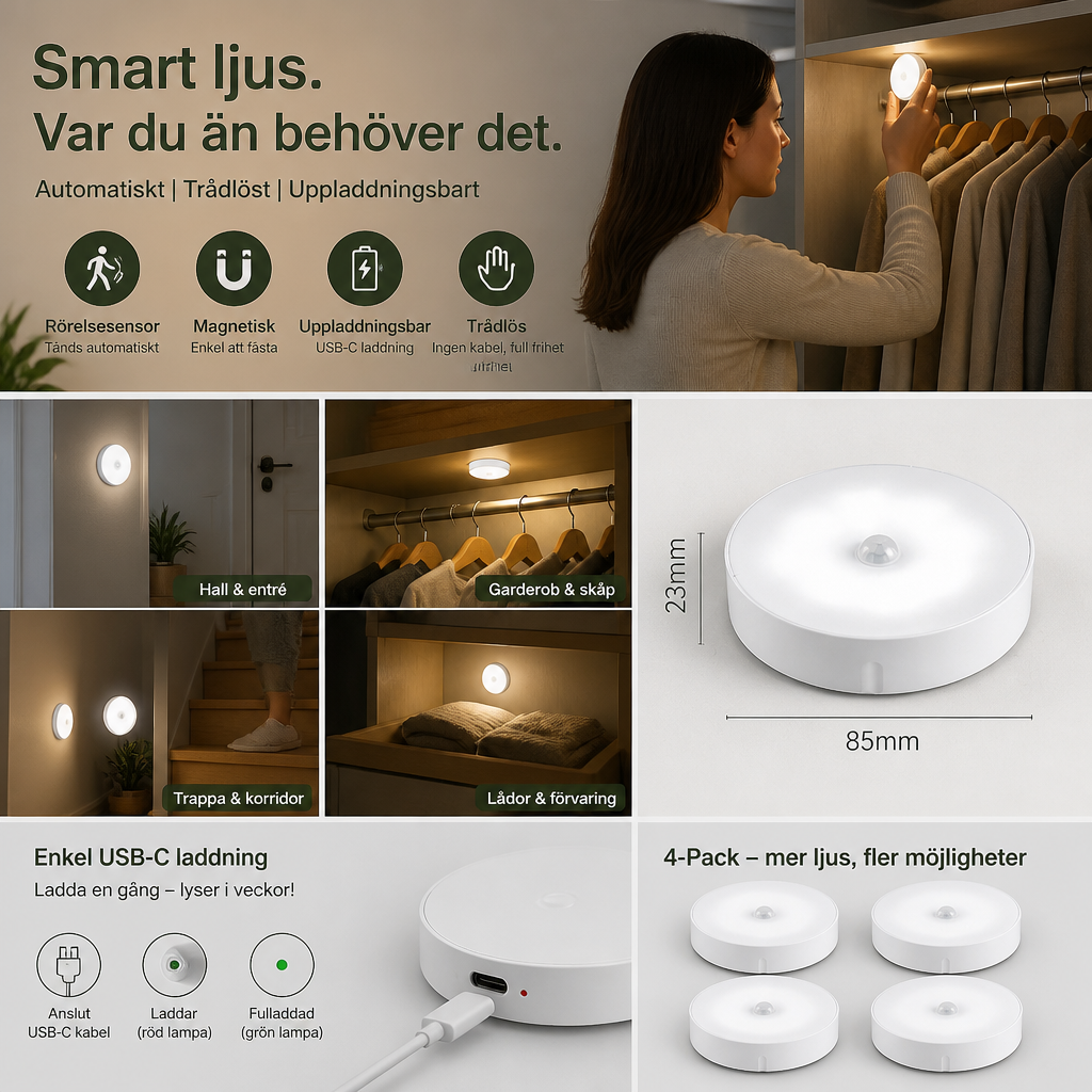 Wiederaufladdningsbart LED Sensorljus (4-Pack) – Magnetiskt och Automatiskt för Mångsidig Användning