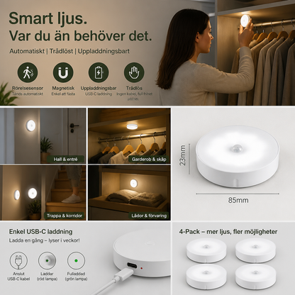 Wiederaufladdningsbart LED Sensorljus (4-Pack) – Magnetiskt och Automatiskt för Mångsidig Användning