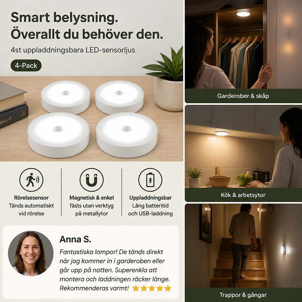 Wiederaufladdningsbart LED Sensorljus (4-Pack) – Magnetiskt och Automatiskt för Mångsidig Användning