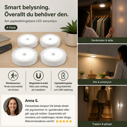 Wiederaufladdningsbart LED Sensorljus (4-Pack) – Magnetiskt och Automatiskt för Mångsidig Användning