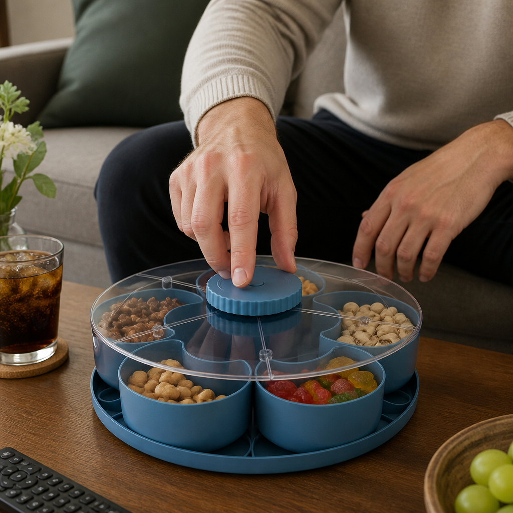 Roterande Snackbricka med Fack – Snurrande Serveringsfat för Snacks och Godis
