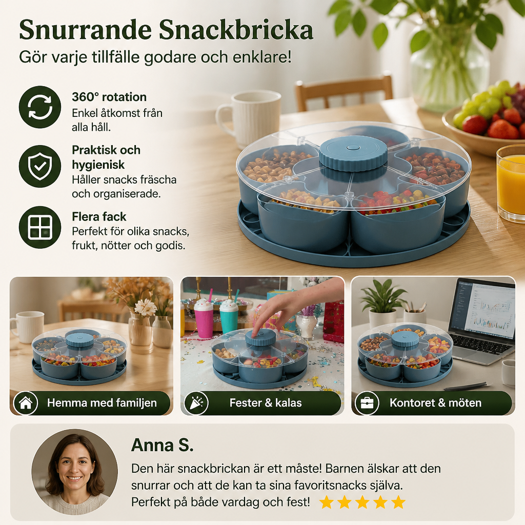 Roterande Snackbricka med Fack – Snurrande Serveringsfat för Snacks och Godis