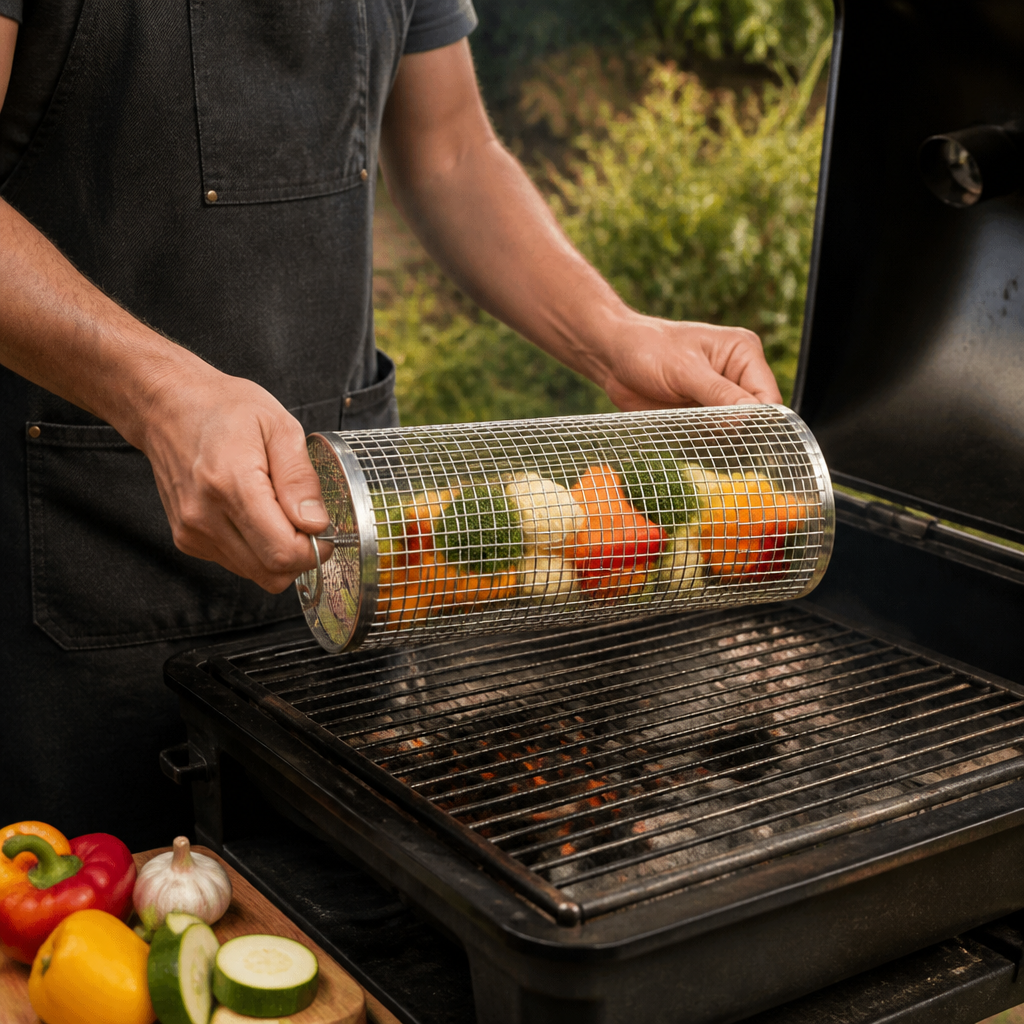 Praktisk Grillkorg i Rostfritt Stål – Rotationsbar BBQ-Grillkorg för Utomhusgrillning