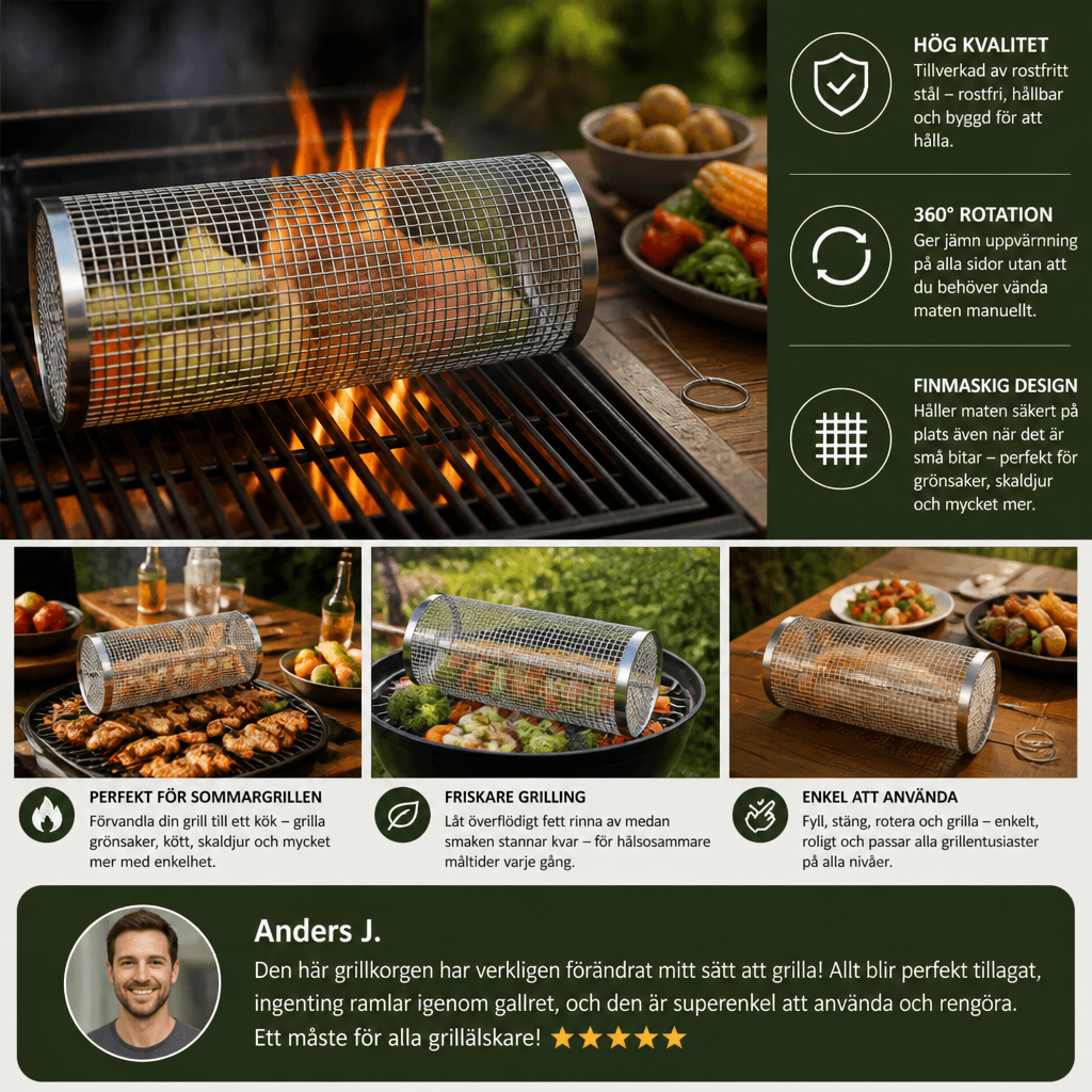 Praktisk Grillkorg i Rostfritt Stål – Rotationsbar BBQ-Grillkorg för Utomhusgrillning