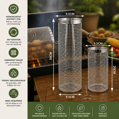 Praktisk Grillkorg i Rostfritt Stål – Rotationsbar BBQ-Grillkorg för Utomhusgrillning