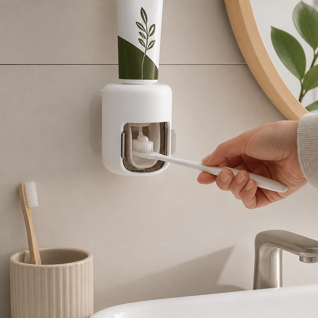 Väggmonterad Automatisk Tandkrämsdispenser med Dammskyddande Fällbart Lock