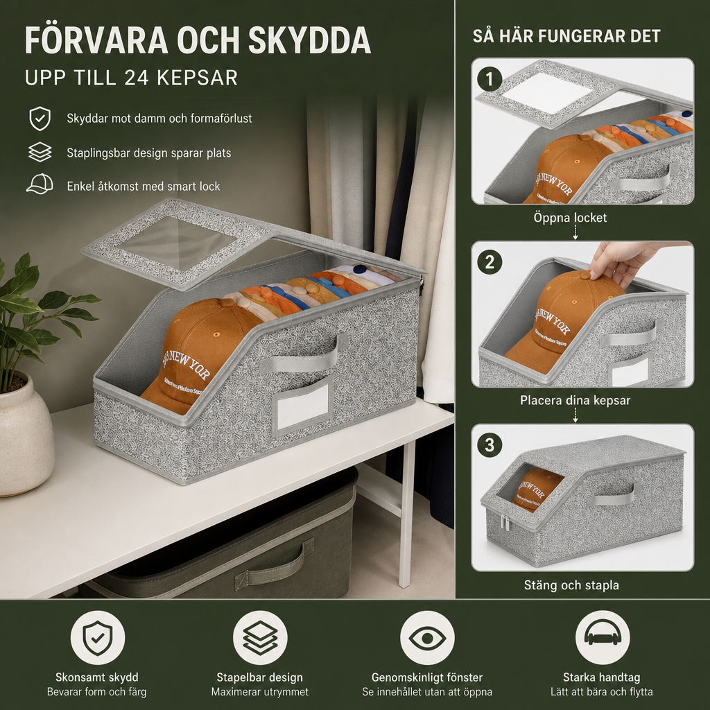 Staplingsbar Förvaringslåda för Baseballkepsar – Rymmer Upp Till 24 Kepsar