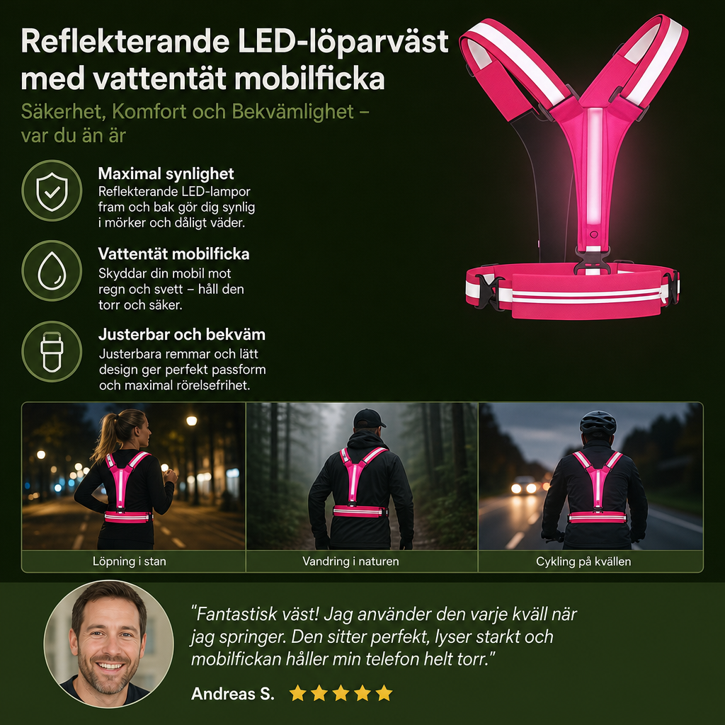 Reflekterande LED-löparväst med vattentät mobilficka