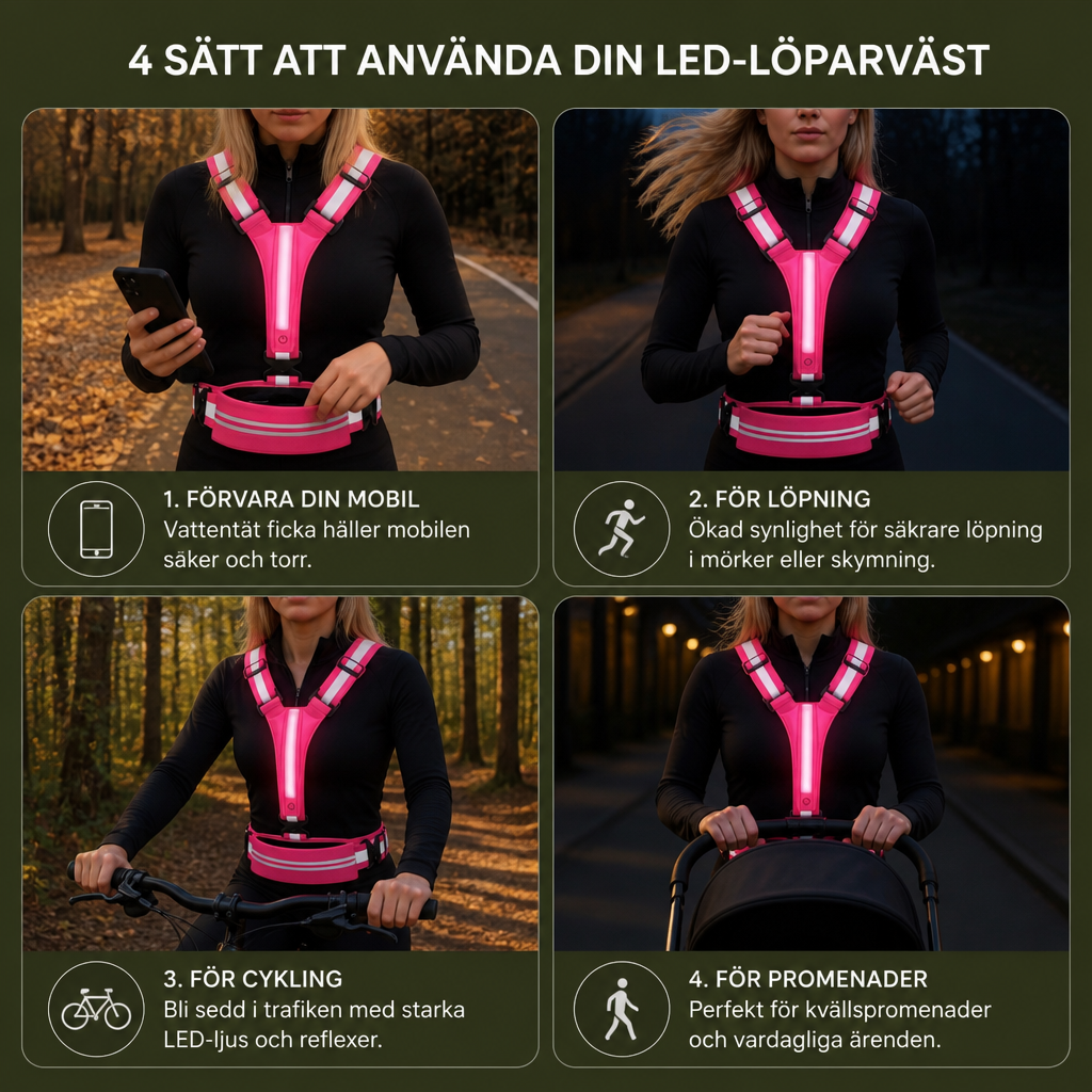 Reflekterande LED-löparväst med vattentät mobilficka