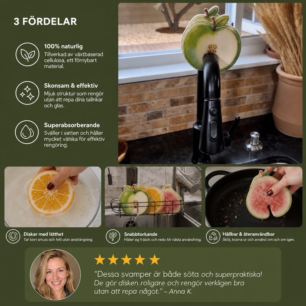 Fruktformade Cellulosasvampar Som Sväller I Vatten – 3-Pack Växtbaserade, Repsfria Köksvampar