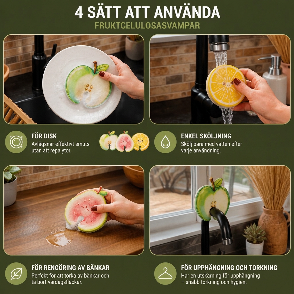 Fruktformade Cellulosasvampar Som Sväller I Vatten – 3-Pack Växtbaserade, Repsfria Köksvampar