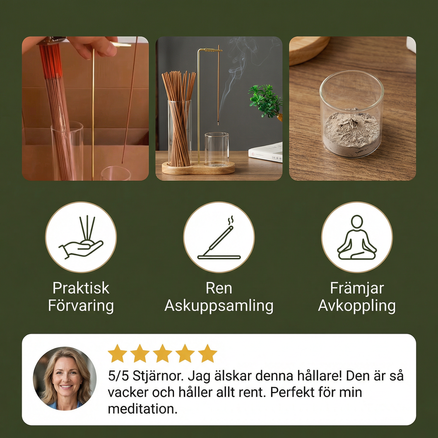 2-i-1 rökelsehållarset för meditation och avkoppling med glasaskuppsamlare