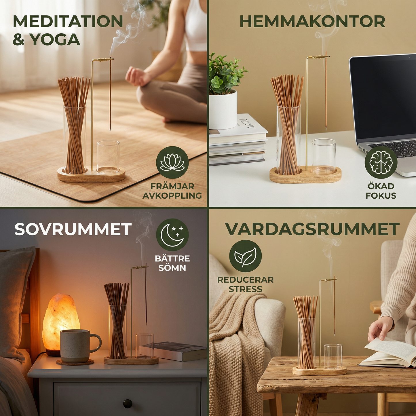 2-i-1 rökelsehållarset för meditation och avkoppling med glasaskuppsamlare