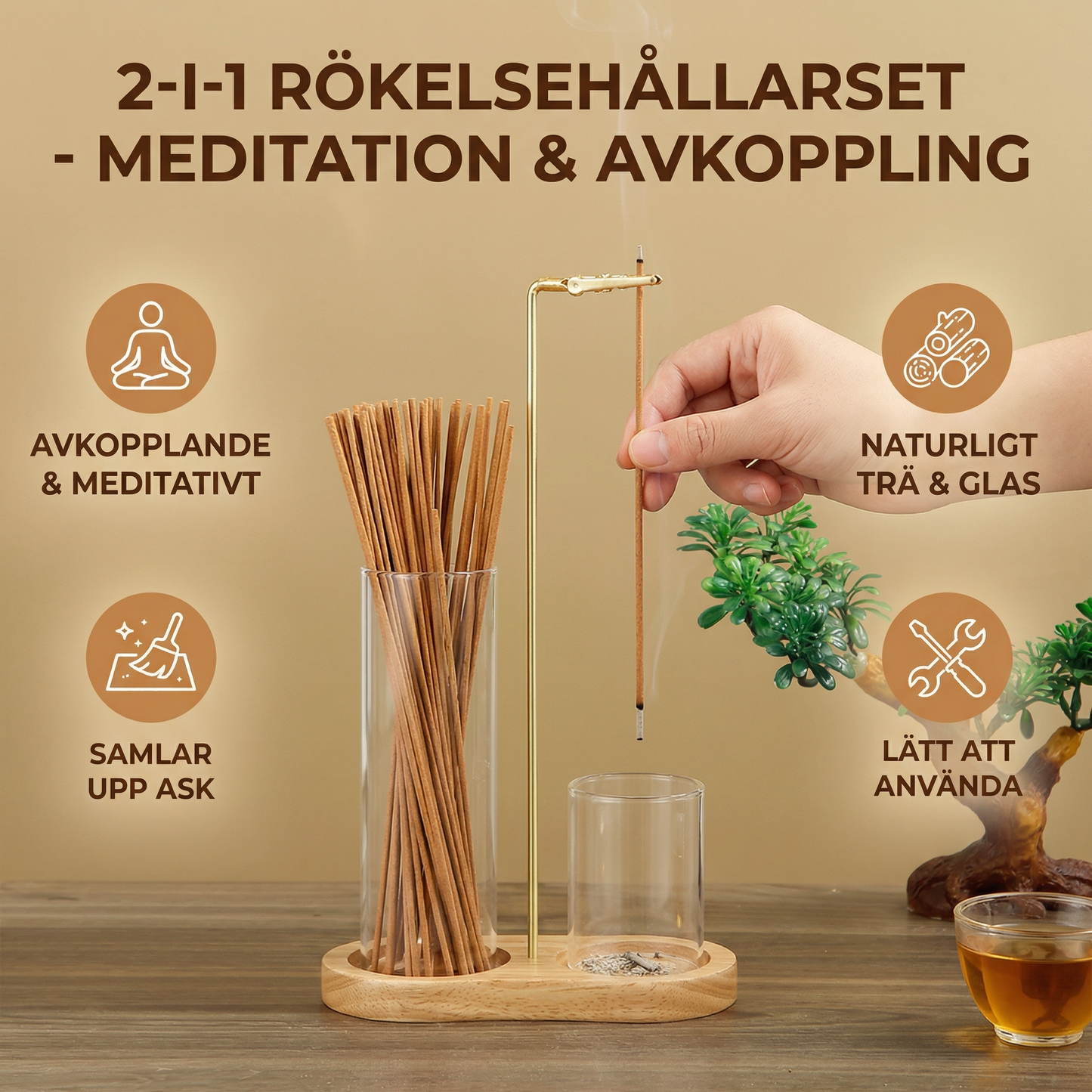2-i-1 rökelsehållarset för meditation och avkoppling med glasaskuppsamlare