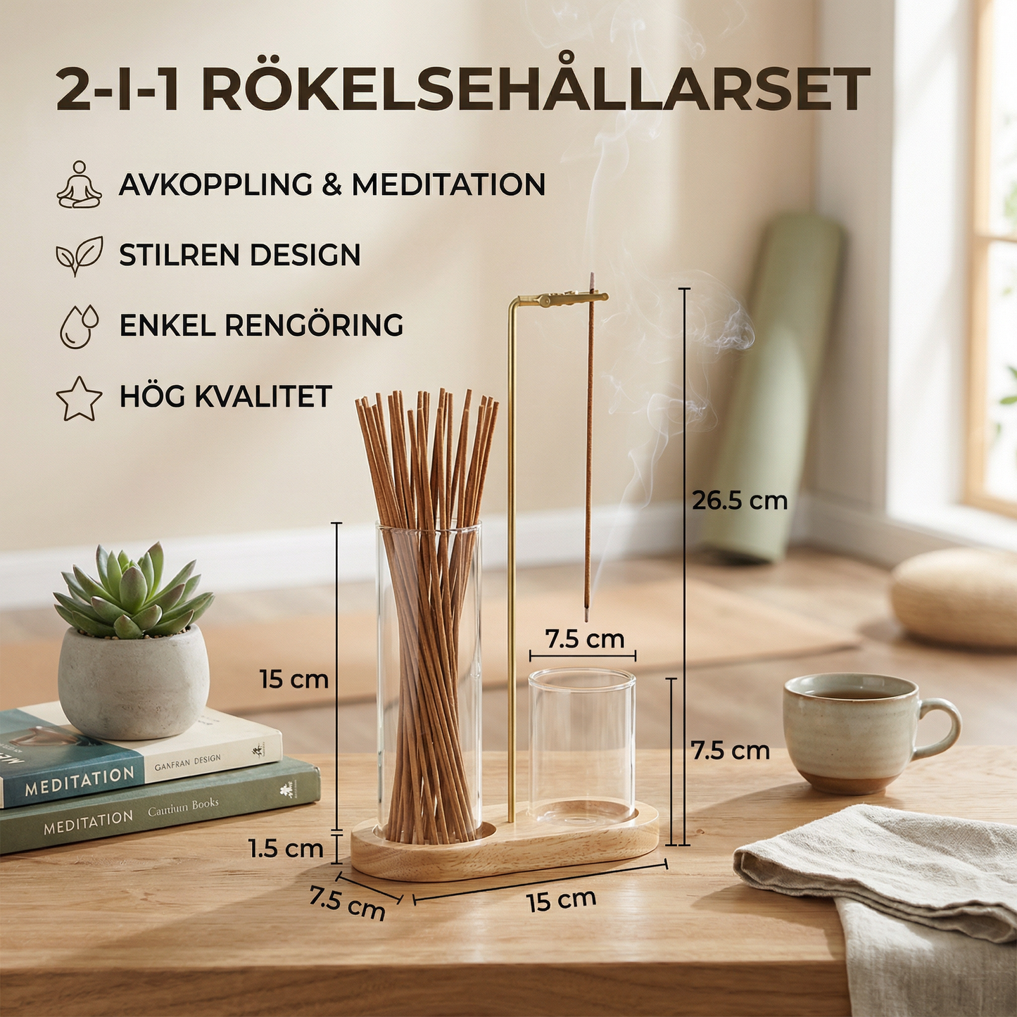 2-i-1 rökelsehållarset för meditation och avkoppling med glasaskuppsamlare