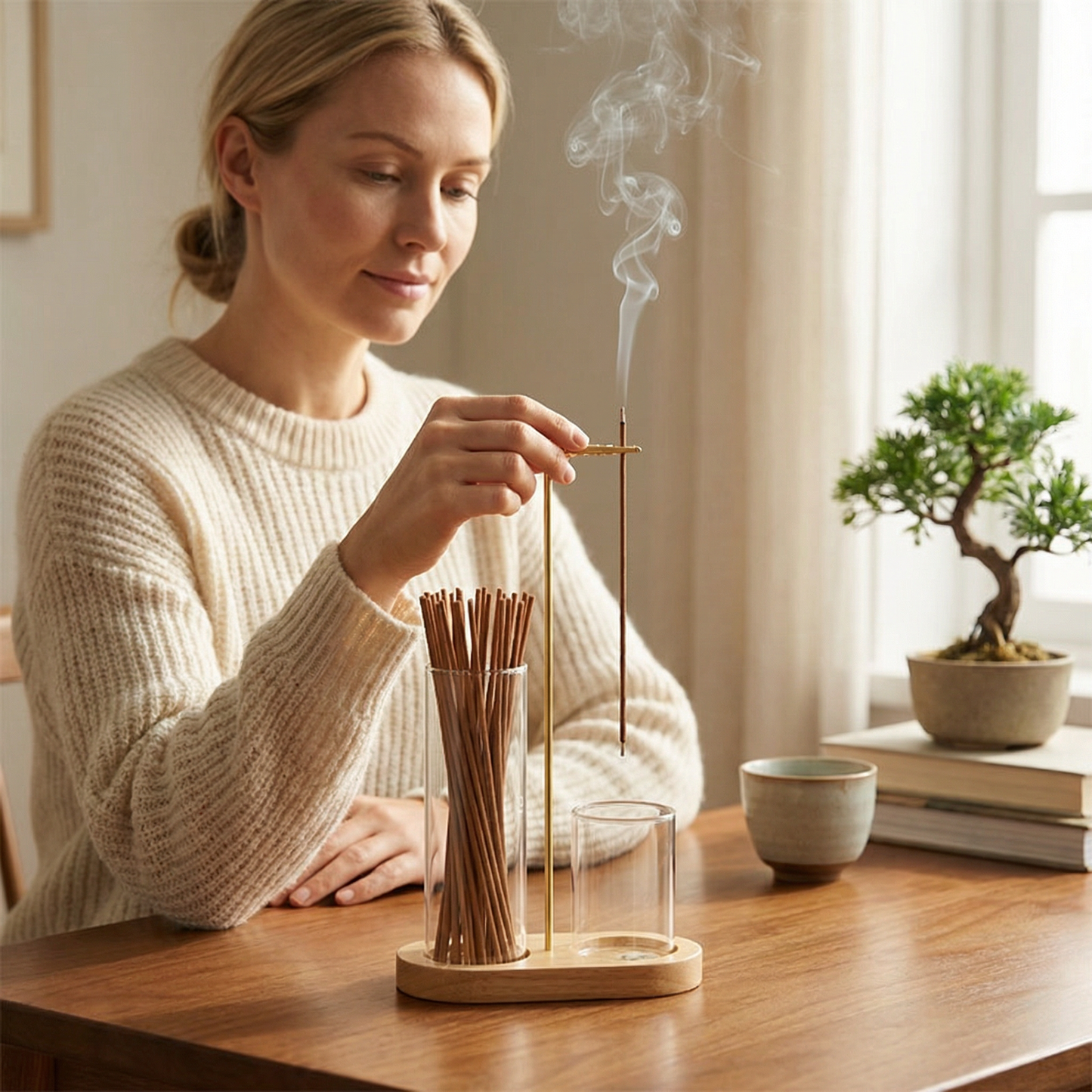 2-i-1 rökelsehållarset för meditation och avkoppling med glasaskuppsamlare