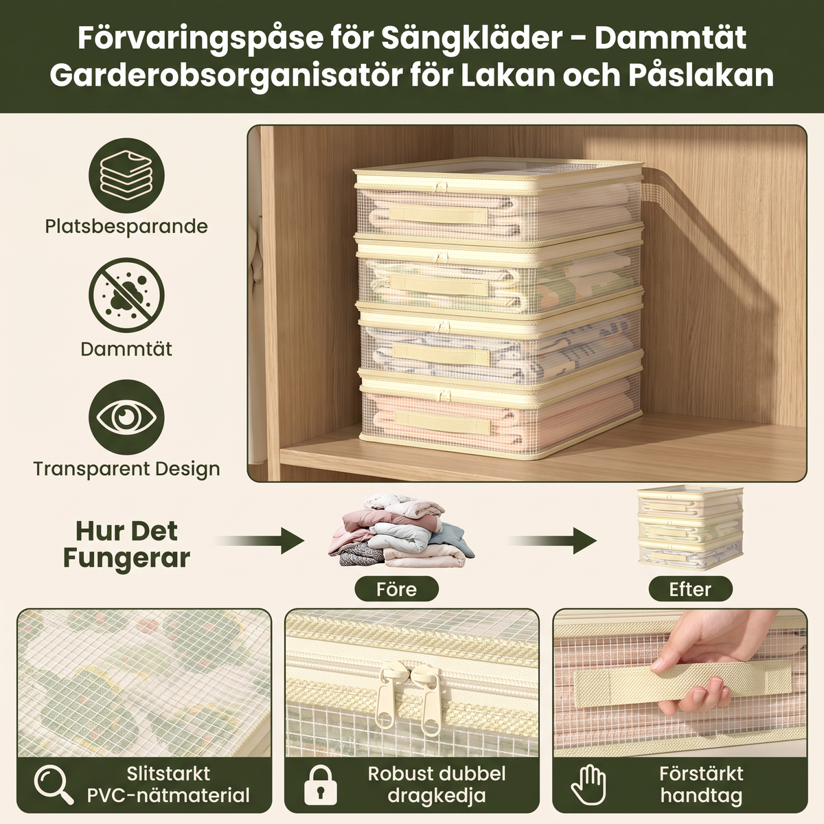 Transparent Förvaringspåse för Sängkläder – Dammtät Garderobsorganisatör för Lakan och Påslakan
