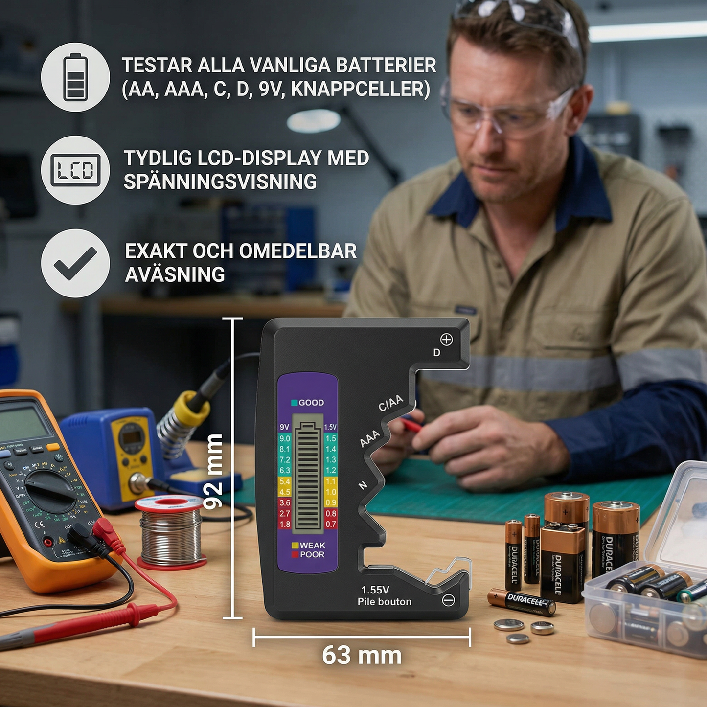 Digital batteritestare med LCD-display – kapacitetstestare för AA, AAA, C, D, 9V och knappcellsbatterier