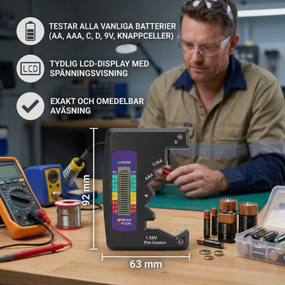 Digital batteritestare med LCD-display – kapacitetstestare för AA, AAA, C, D, 9V och knappcellsbatterier