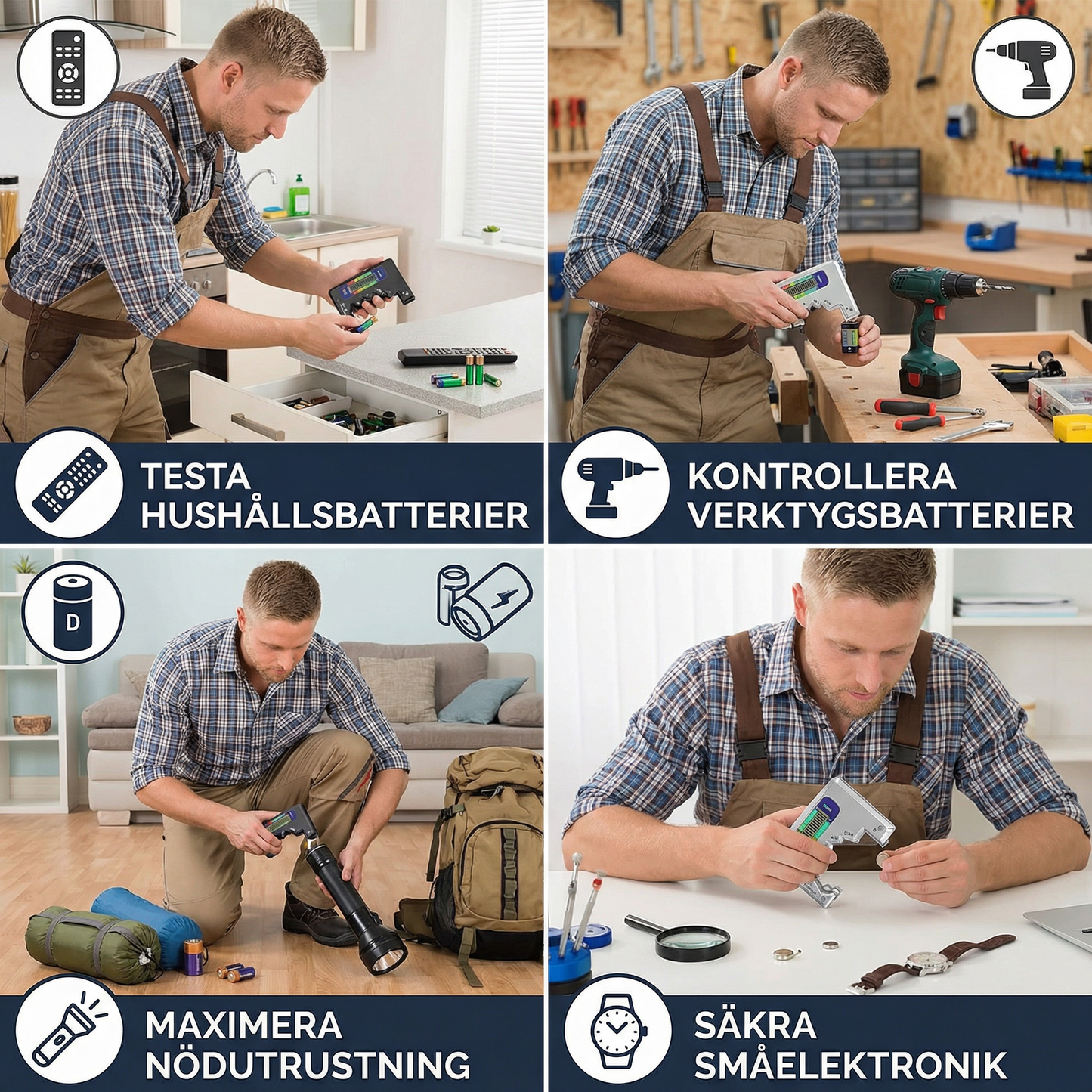 Digital batteritestare med LCD-display – kapacitetstestare för AA, AAA, C, D, 9V och knappcellsbatterier