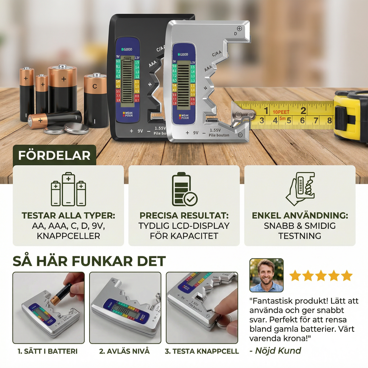 Digital batteritestare med LCD-display – kapacitetstestare för AA, AAA, C, D, 9V och knappcellsbatterier